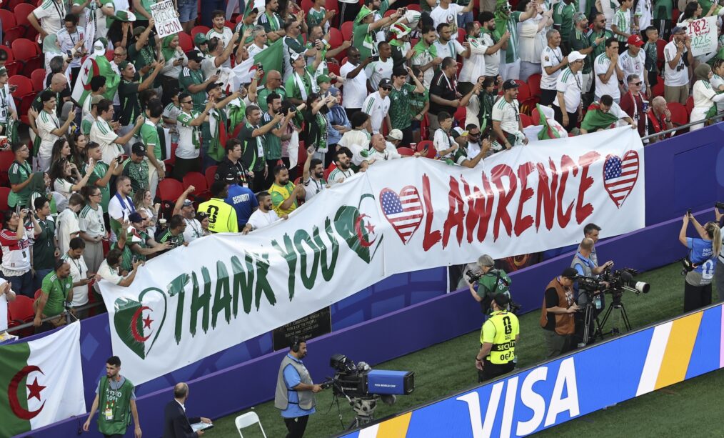 KANSAS CITY, MO - JUNE 27: Algerian fans display a banner saying Thank You Lawrence, the home base for the team, before the FIFA World Cup 2026 Group J match between Algeria and Austria on June 27, 2026 at Kansas City Stadium in Kansas City, MO. (Photo by Scott Winters/Icon Sportswire)