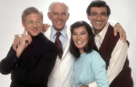 AFTER MASH, from left: William Christopher, Harry Morgan, Jamie Farr, Rosalind Chao, (1983), 1983-1985. ph: Mario Casilli/TV Guide/TM and copyright © 20th Century Fox Television. All rights reserved./Courtesy Everett Collection.
