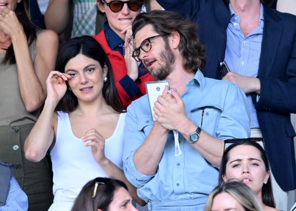 Monica Barbaro and Andrew Garfield during day six of the 2026 Wimbledon Tennis Championships at the All England Lawn Tennis and Croquet Club on July 04, 2026