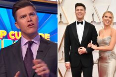 'Pop Culture Jeopardy!' host Colin Jost on set of game show (left), (right) Jost with wife Scarlett Johansson