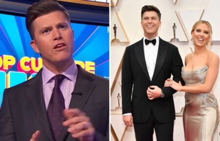 "Pop Culture Jeopardy!" host Colin Jost on set of game show (left), (right) Jost with wife Scarlett Johansson
