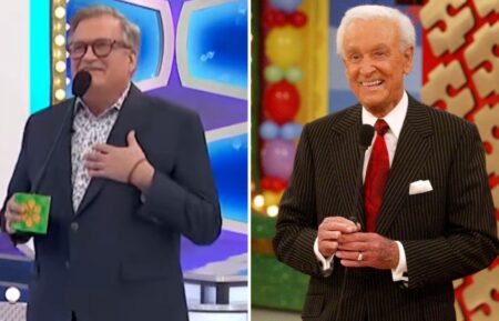 (left) Drew Carey saying Bob Barker was "in his soul" on the set of "The Price Is Right," (right) Bob Barker on "The Price Is RIght"