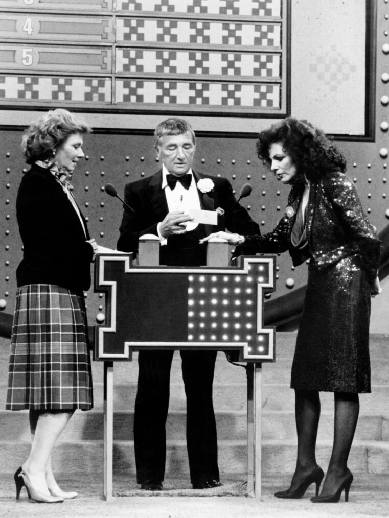 Richard Dawson hosting 'Family Feud' with Marion Ross and Joan Collins playing