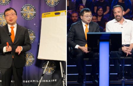 (left) Jamie Ding draw his "Millionaire" teammate Ben Affleck, (right) Affleck and Ding team up together