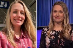 (left) Alison Betts on the set of 'Jeopardy!' for her new job, (right) Betts playing the game show in 2024