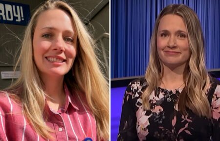 (left) Alison Betts on the set of "Jeopardy!" for her new job, (right) Betts playing the game show in 2024