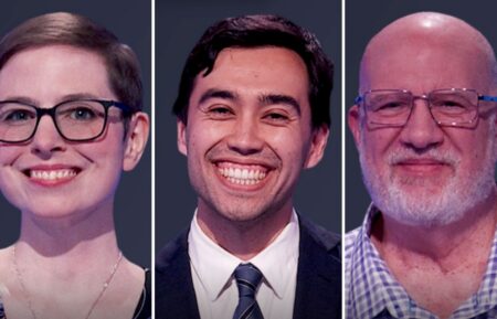 "Jeopardy!" contestants (from left) Kristal LeMaistre, Caleb Groen, and Chris Bergman, on July 10, 2026
