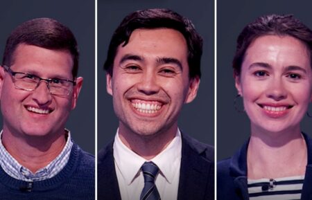 "Jeopardy!" contestants (from left) Andy Strange, Caleb Groen, and Angharad Rebholz, on July 17, 2026