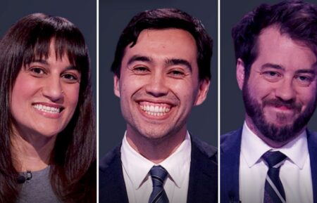 "Jeopardy!" contestants (from left) Lea James, Caleb Groen, and Jonatahn Migliori, on July 16, 2026