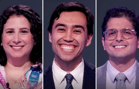 "Jeoaprdy!" contestants (from left) Marisa Rizzuti, Caleb Groen, and Armando Marin, on July 15, 2026