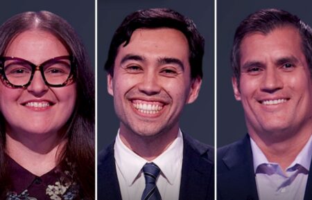 "Jeopardy!" contestants (from left) Molly Rakes, Caleb Groen, and Mike Neighbors, on July 13, 2026