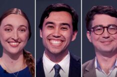 'Jeopardy!' contestants (from left) Tatiana Chichilla, Caleb Groen, and Sam Ryan, on July 20, 2026