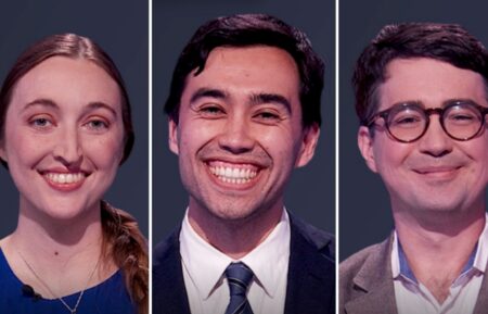 "Jeopardy!" contestants (from left) Tatiana Chichilla, Caleb Groen, and Sam Ryan, on July 20, 2026