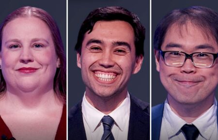 "Jeopardy!" contestants (from left) Sarah Lynch, Caleb Groen, and Anthony Kim, on July 9, 2026