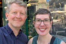 Ken Jennings (left) posing with author Patricia Lockwood (right)