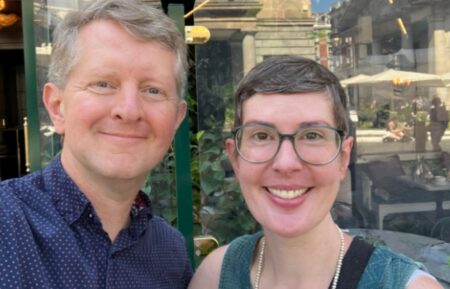 Ken Jennings (left) posing with author Patricia Lockwood (right)