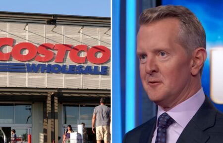 (left) Costco store logo, (right) Ken Jennings on "Jeopardy!" answering a fan question