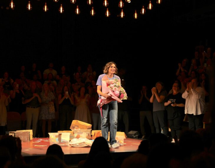 Mariska Hargitay poses during the curtain call of her final performance of "Every Brilliant Thing" at the Hudson Theatre on July 05, 2026 in New York City