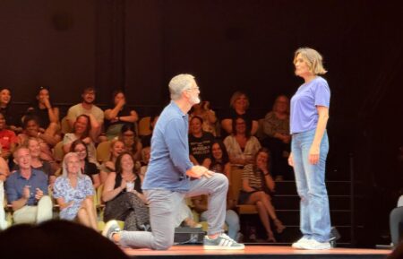 Peter Hermann and Mariska Hargitay onstage during at Hargitay's final performance of "Every Brilliant Thing" at the Hudson Theatre on July 05, 2026 in New York City