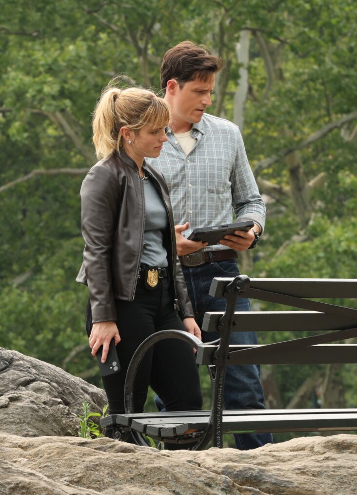 Jacqueline Byers and Shane Harper are seen filming at the "NCIS: NY" set in Central Park, Manhattan on July 15, 2026 in New York City