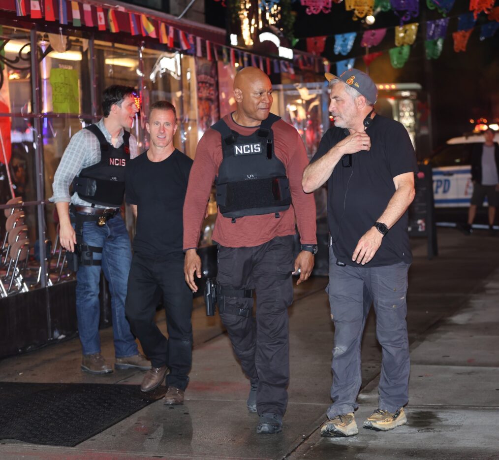 Shane Harper, Scott Caan, LL Cool J and Director Adam Davidson are seen filming at the "NCIS: NY" set in Brooklyn on July 17, 2026 in New York City