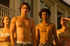 Madelyn Cline as Sarah Cameron, Chase Stokes as John B, Jonathan Daviss as Pope, Madison Bailey as Kiara in 'Outer Banks' Season 5