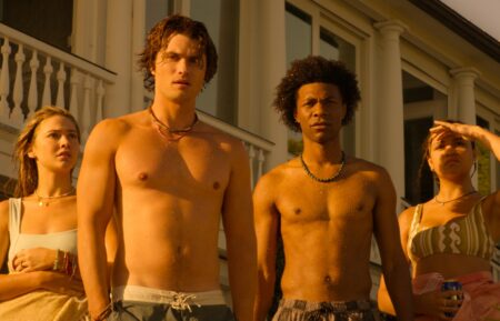 Madelyn Cline as Sarah Cameron, Chase Stokes as John B, Jonathan Daviss as Pope, Madison Bailey as Kiara in 'Outer Banks' Season 5