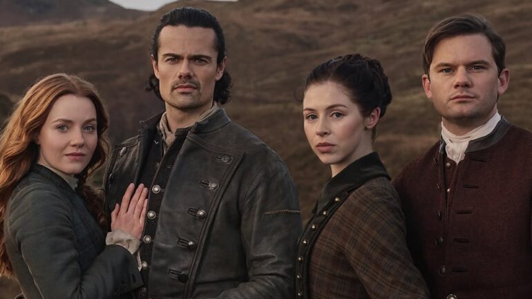 Harriet Slater, Jamie Roy, Hermione Corfield, and Jeremy Irvine in 'Outlander: Blood of My Blood' Season 2