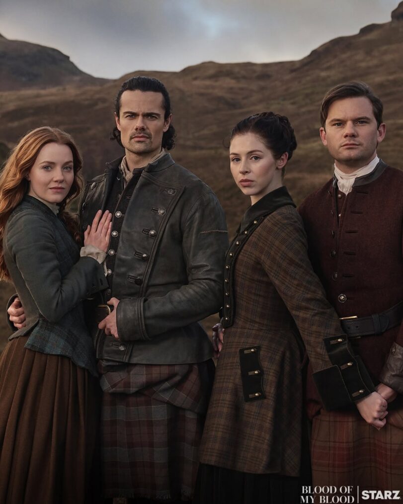 Harriet Slater, Jamie Roy, Hermione Corfield, and Jeremy Irvine in 'Outlander: Blood of My Blood' Season 2
