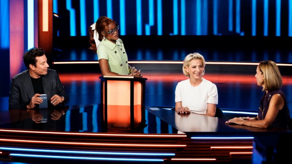 PASSWORD -- Episode 307 -- Pictured: (l-r) Jimmy Fallon, Keke Palmer, Dorinda Medley, a contestant