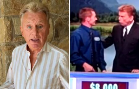 (left) Pat Sajak mocking his Scooby-Doo impression, (right) Sajak on "Wheel of Fortune" doing the Scooby-Doo impression