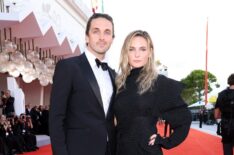 Rory St. Clair Gainer and Rebecca Ferguson attend 'A House Of Dynamite' red carpet during the 82nd Venice International Film Festival on September 02, 2025 in Venice, Italy.