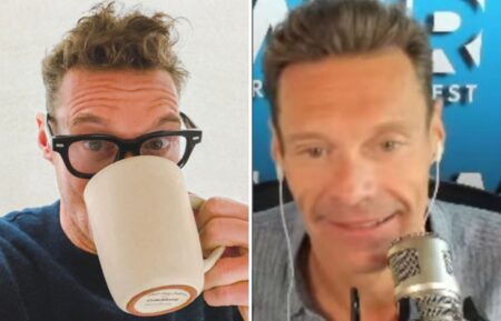 (Left) Ryan Seacrest drinking coffee, (right) Seacrest on his radio show issuing warning to cohosts