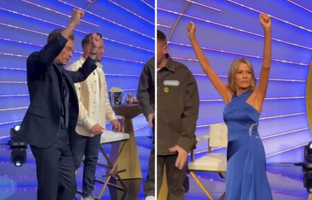 Ryan Seacrest and Vanna White being taught by the Los Angeles Dodgers how to do their signature dance moves