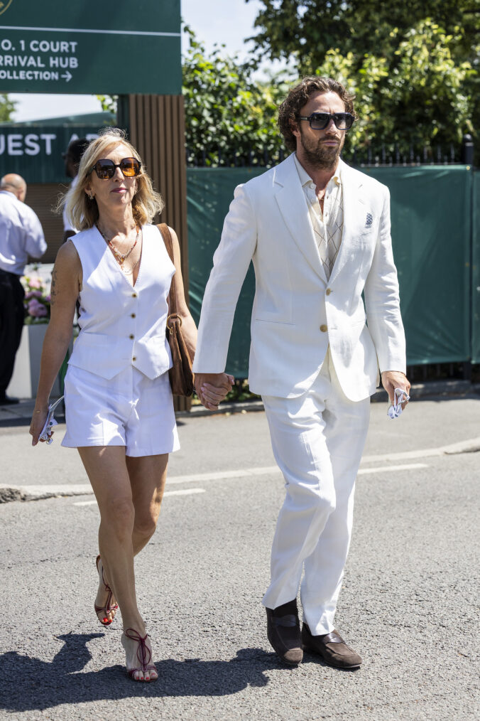 Sam Taylor-Johnson and Aaron Taylor-Johnson during day nine of the 2026 Wimbledon Tennis Championships at All England Lawn Tennis and Croquet Club on July 07, 2026
