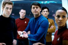 Anton Yelchin, Chris Pine, Simon Pegg, Karl Urban, John Cho, and Zoe Saldana in 'Star Trek'