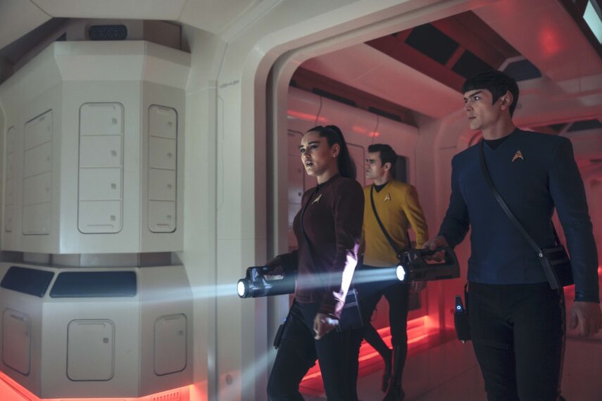 Christina Chong as La'an Noonien-Singh, Paul Wesley as James T. Kirk, and Ethan Peck as Spock — 'Star Trek: Strange New Worlds' Season 4 Episode 2