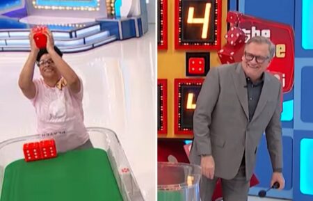 "The Price Is RIght" contestant Kay Gordon (left) playing Dice Game on June 10, 2026, (right) host Drew Carey reacting to win