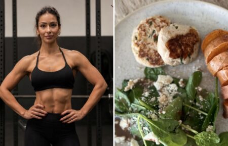 Manuela Arbeláez (left) working, her dinner on the right