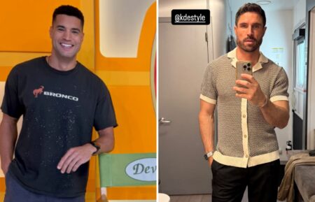 "The Price Is Right" models Devin Goda (left) and James O'Halloran (right) on the set of the game show for Season 55