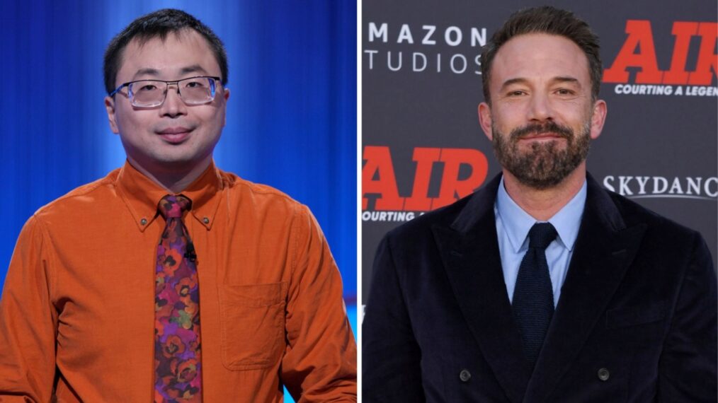 (left) "Jeopardy!" champion Jamie Ding, (right) Ben Affleck on a red carpet