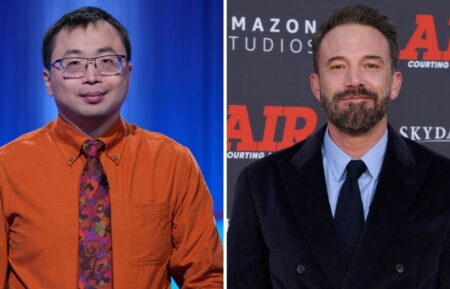 (left) "Jeopardy!" champion Jamie Ding, (right) Ben Affleck on a red carpet