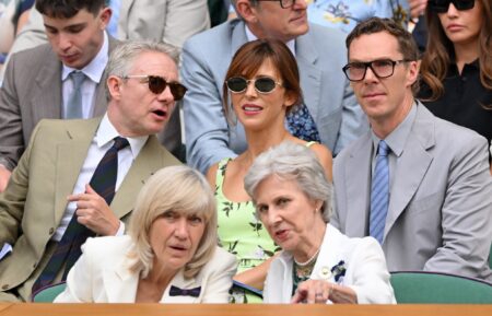 Martin Freeman, Debbie Jevans, Sophie Hunter, Birgitte, Duchess of Gloucester, Louis Theroux, Benedict Cumberbatch and Rike Nooitgedagt during day twelve of the 2026 Wimbledon Tennis Championships at All England Lawn Tennis and Croquet Club on July 10, 2026 in London, England