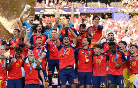 Rodri #16 of Spain lifts the FIFA World Cup Winner’s Trophy after the team’s victory following the FIFA World Cup 2026 Final match between Spain and Argentina at New York New Jersey Stadium on July 19, 2026