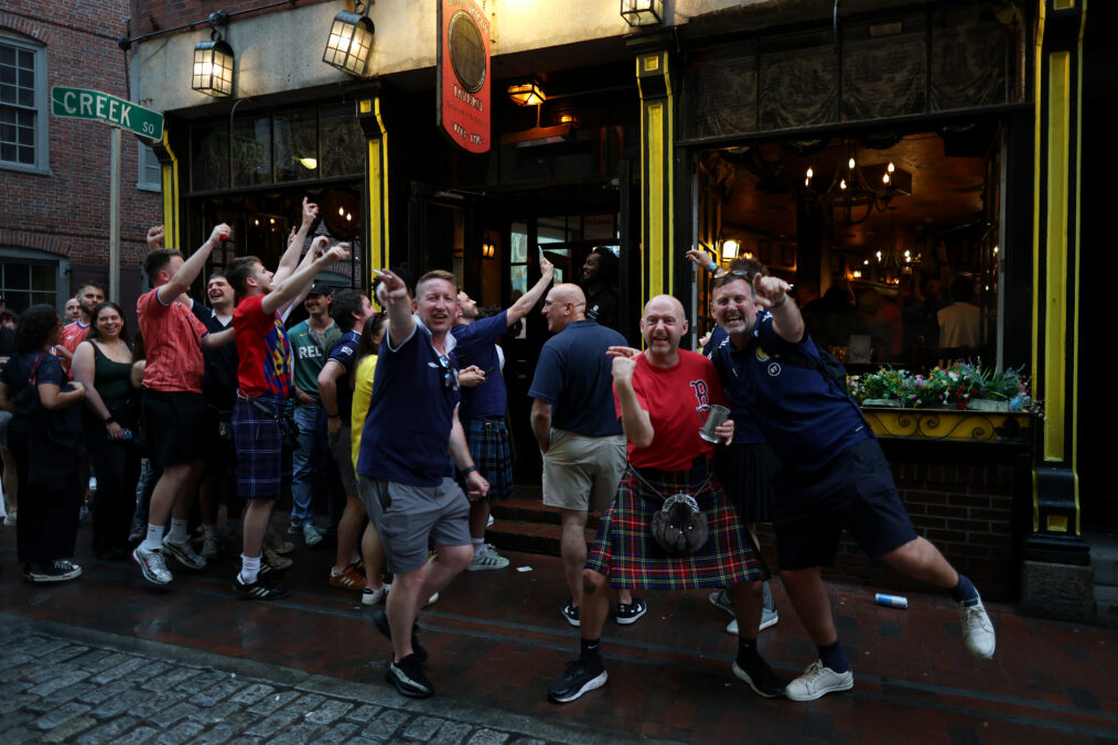 Scottish fans react as they gather on the eve of the 2026 World Cup Group C football match between Morocco and Scotland in Boston on June 18, 2026. (Photo by FRANCK FIFE / AFP via Getty Images)