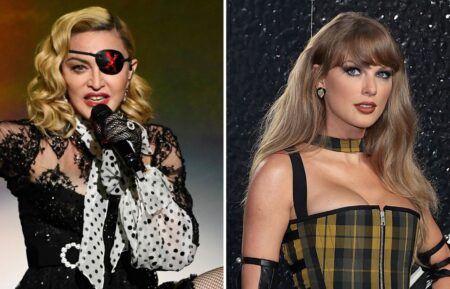 (left) Madonna perfomring at the 2019 Billboard Music Awards, (right) Taylor Swift at the 2024 Video Music Awards
