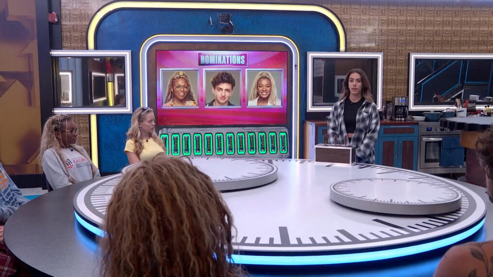 BIG BROTHER on the CBS Television Network and streaming on Paramount+ (live and on-demand for Paramount+ with SHOWTIME subscribers, or on-demand for Paramount+ Essential subscribers the day after the episode airs)* Pictured: Eviction Nominations: Taylor Brown, Melody Morris and Dee Valladares. Photo: CBS &copy;2026 CBS Broadcasting, Inc. All Rights Reserved. Highest quality screengrab available.