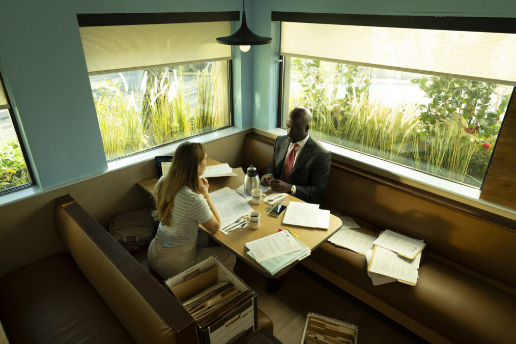 "Michael and Olivia" -- Coverage of the CBS Original Series CUPERTINO, scheduled to air on the CBS Television Network. Pictured (L-R): Rachel Keller as Olivia Siffre and Mike Colter as Michael Price. Photo: Elizabeth Fisher/CBS ©2026 CBS Broadcasting, Inc. All Rights Reserved.