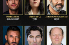 Darren Criss as Jiminy Cricket, Sherry Cola as Yzma, James Monroe Iglehart as Genie, Hugo Ateo as Kronk, Sean Yves Lessard as Lumiere, and Dan Bakkedahl as Yen Sid in 'Hidden Heroes'
