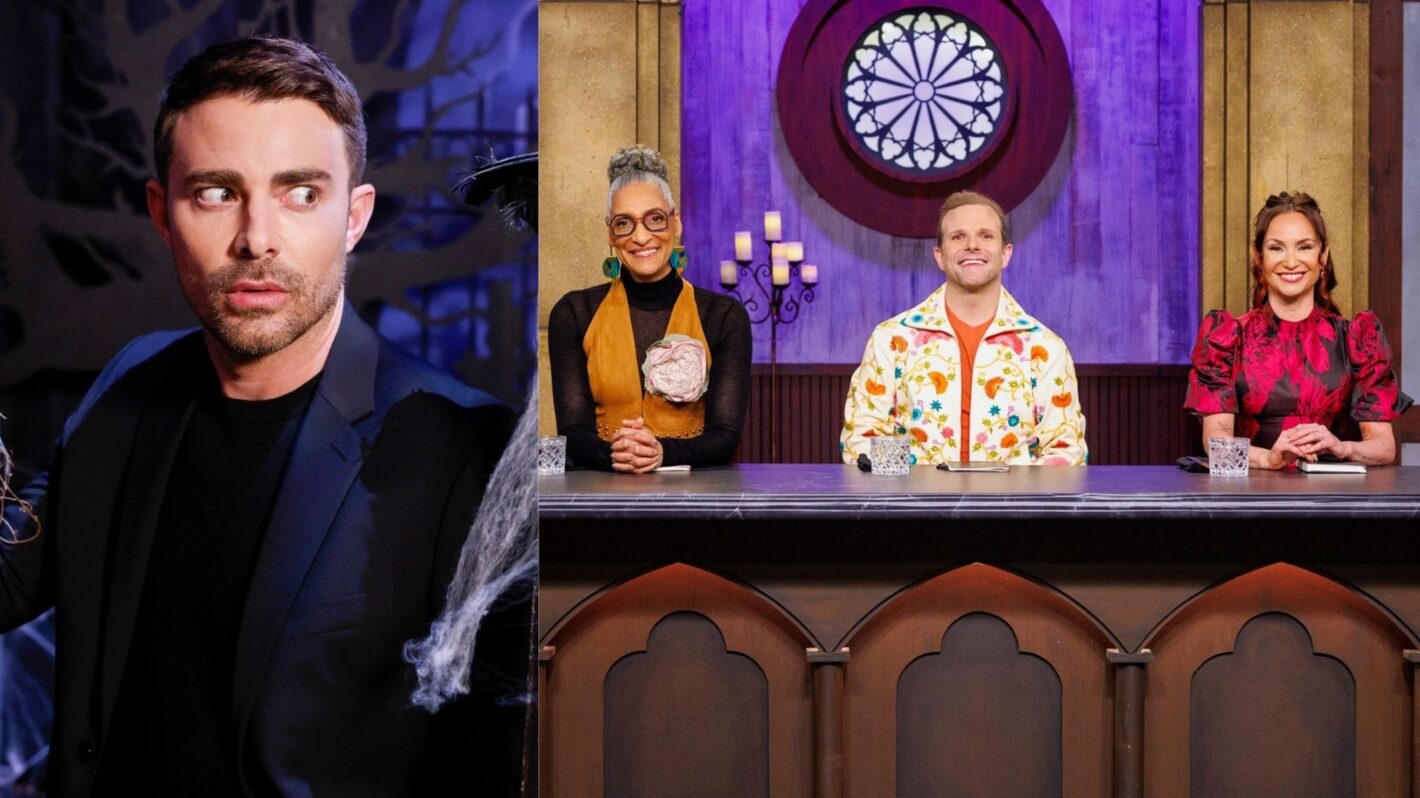 Jonathan Bennett on Food Network's 'Halloween Wars,' 2025; Carla Hall, Zac Young, and Stephanie Boswell on Food Network's 'Halloween Baking Championship,' 2025.